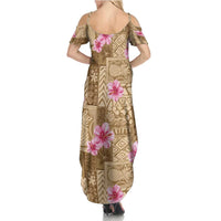 Beige Hawaii Hibiscus With Tropical Flowers Motifs Family Matching Summer Maxi Dress and Hawaiian Shirt - Polynesian Pride