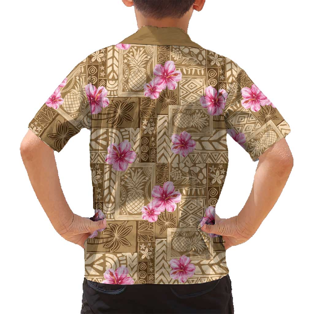 Beige Hawaii Hibiscus With Tropical Flowers Motifs Family Matching Tank Maxi Dress and Hawaiian Shirt - Polynesian Pride