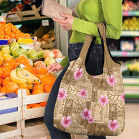 Beige Hawaii Hibiscus With Tropical Flowers Motifs Grocery Bag - Polynesian Pride