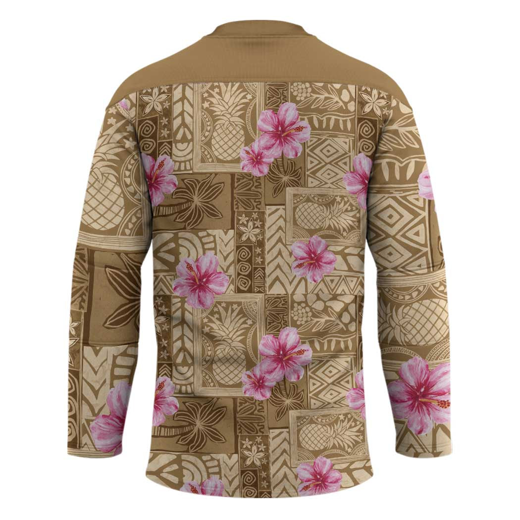 Beige Hawaii Hibiscus With Tropical Flowers Motifs Hockey Jersey - Polynesian Pride