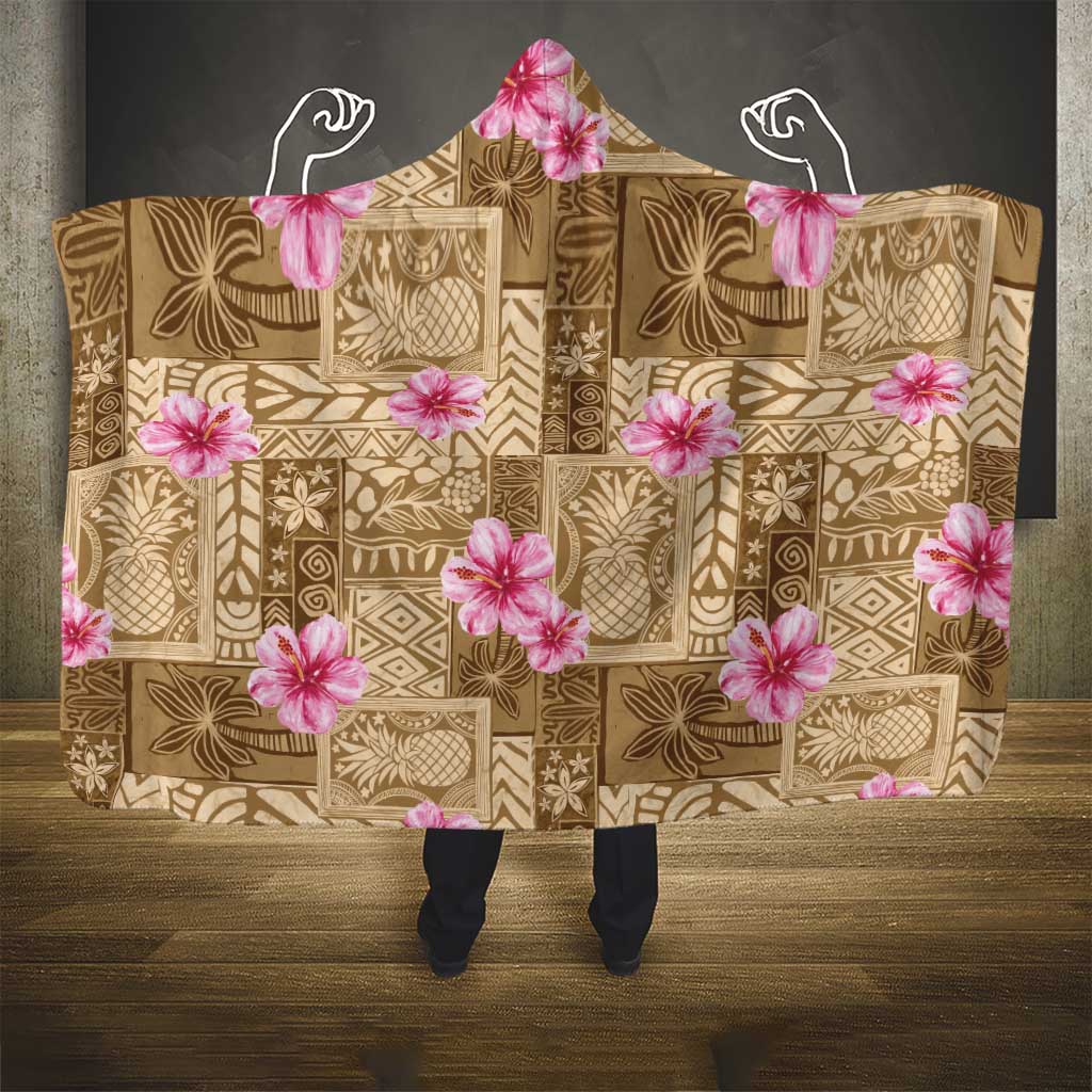 Beige Hawaii Hibiscus With Tropical Flowers Motifs Hooded Blanket - Polynesian Pride
