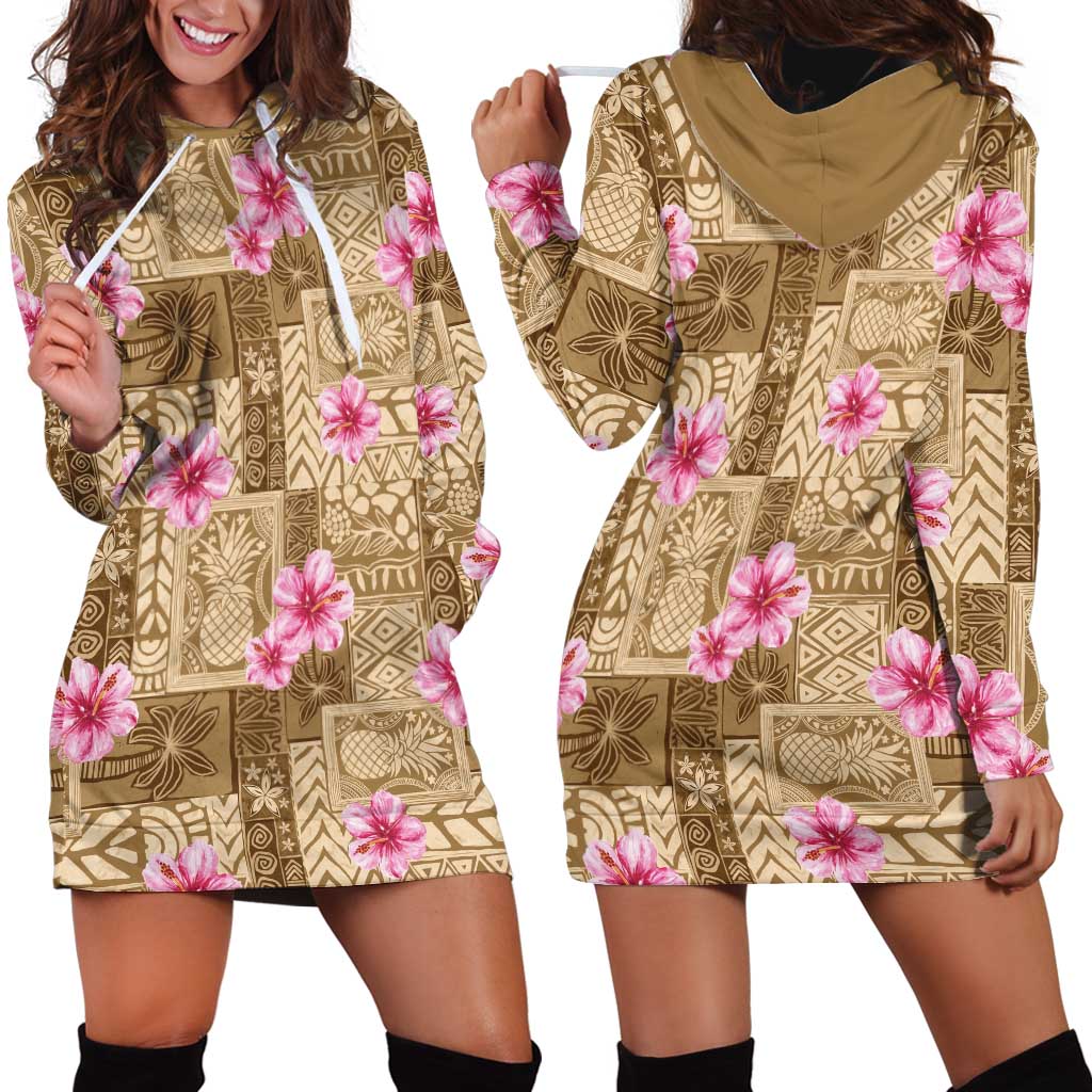 Beige Hawaii Hibiscus With Tropical Flowers Motifs Hoodie Dress - Polynesian Pride
