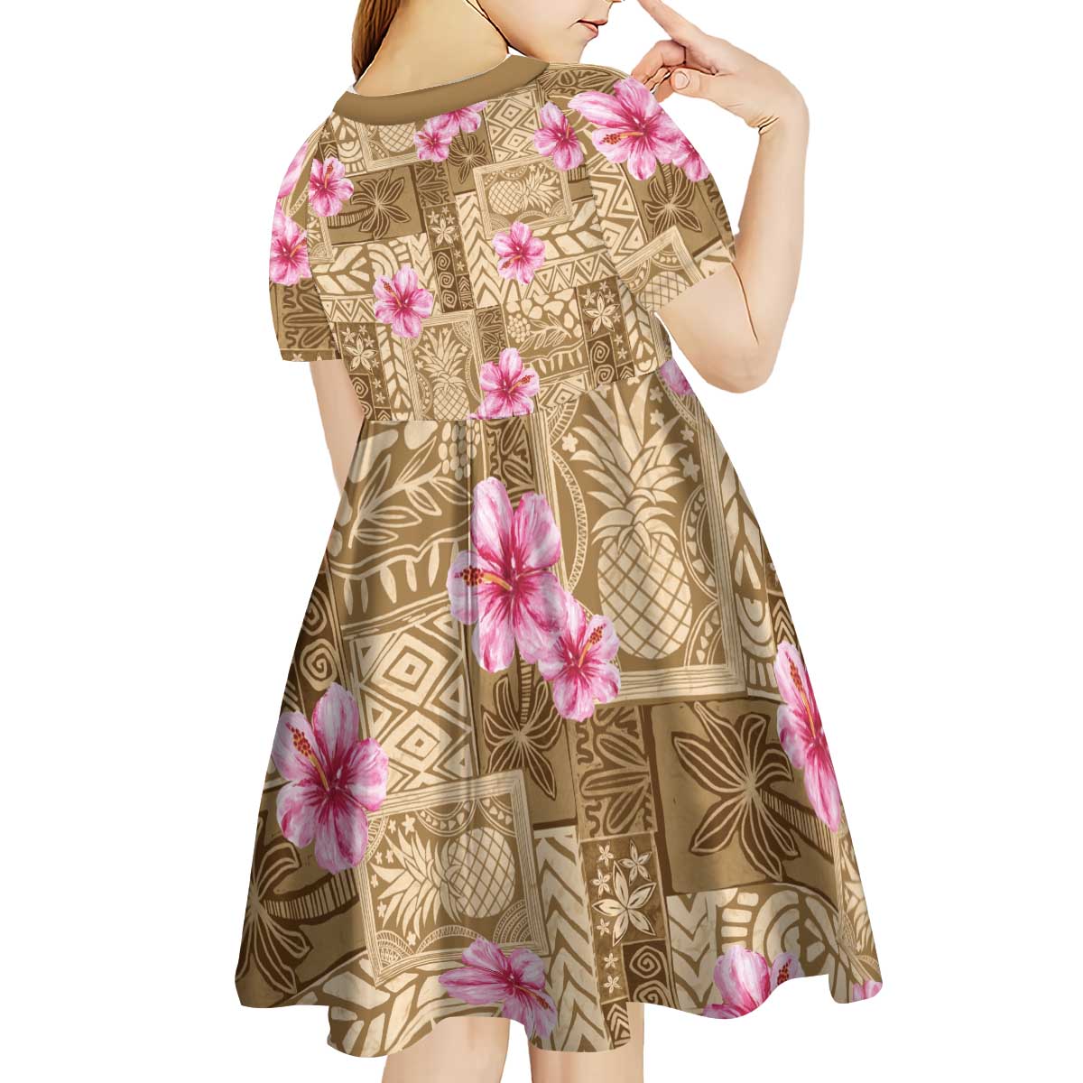 Beige Hawaii Hibiscus With Tropical Flowers Motifs Kid Short Sleeve Dress - Polynesian Pride