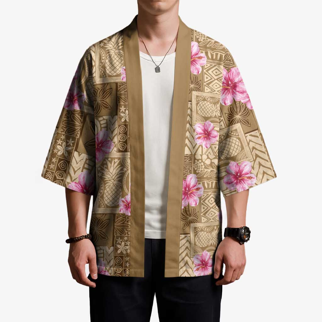 Beige Hawaii Hibiscus With Tropical Flowers Motifs Kimono - Polynesian Pride