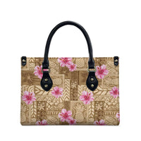 Beige Hawaii Hibiscus With Tropical Flowers Motifs Leather Bag - Polynesian Pride