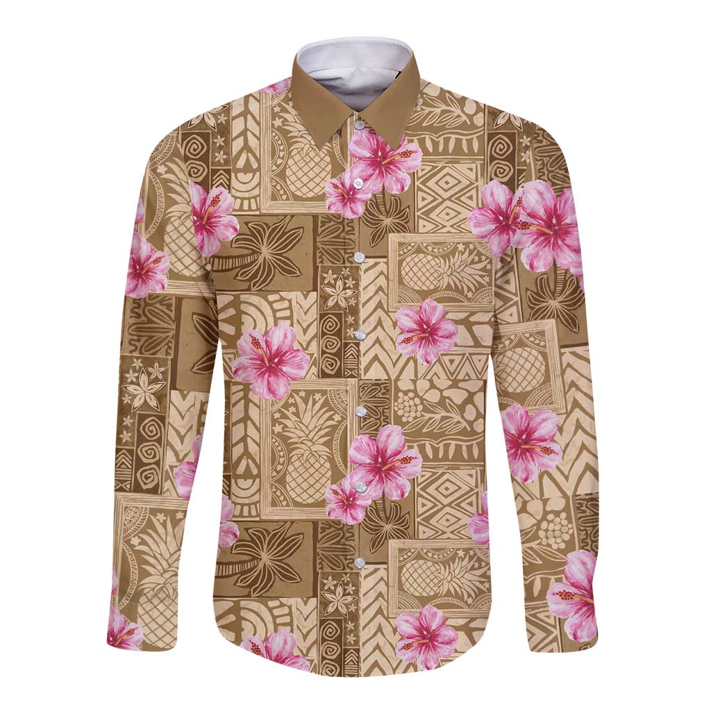Beige Hawaii Hibiscus With Tropical Flowers Motifs Long Sleeve Button Shirt - Polynesian Pride