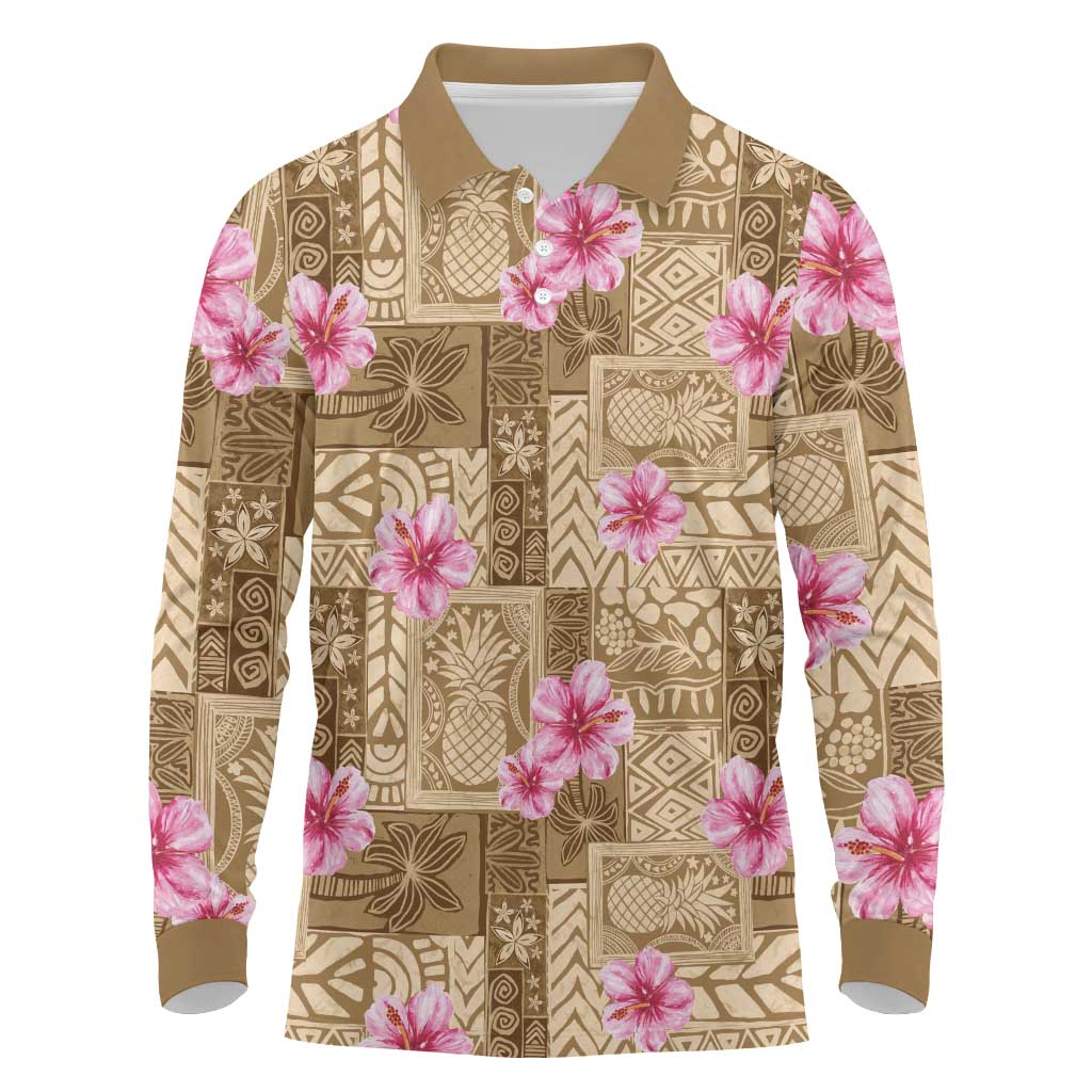 Beige Hawaii Hibiscus With Tropical Flowers Motifs Long Sleeve Polo Shirt - Polynesian Pride