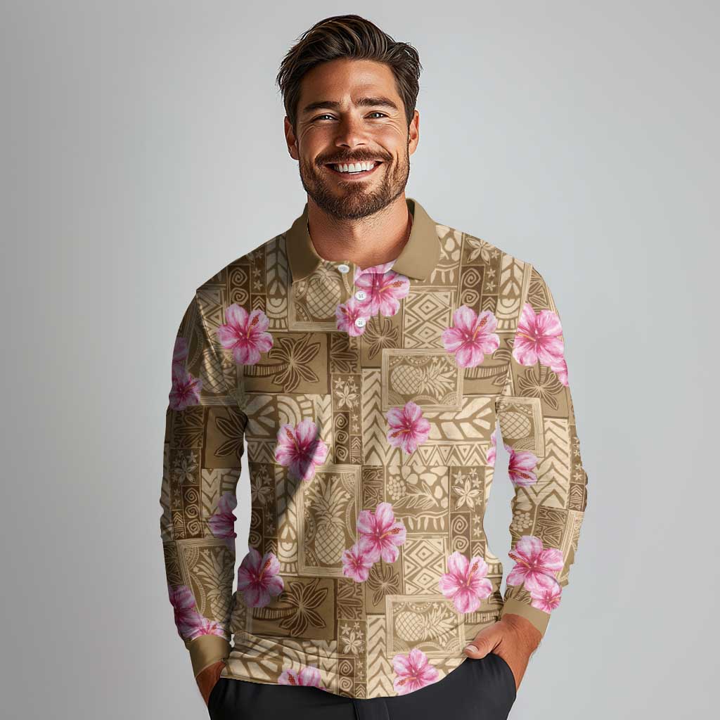 Beige Hawaii Hibiscus With Tropical Flowers Motifs Long Sleeve Polo Shirt - Polynesian Pride