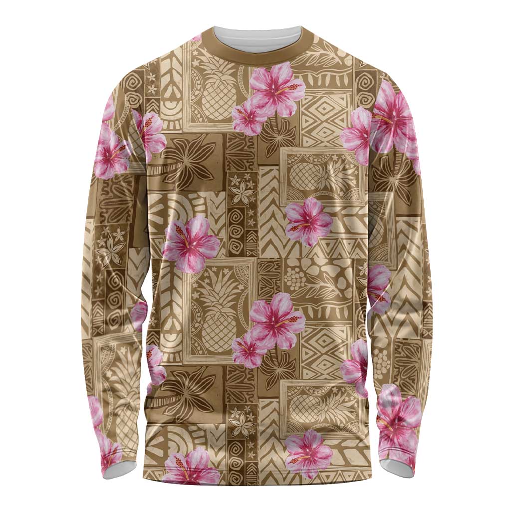 Beige Hawaii Hibiscus With Tropical Flowers Motifs Long Sleeve Shirt - Polynesian Pride