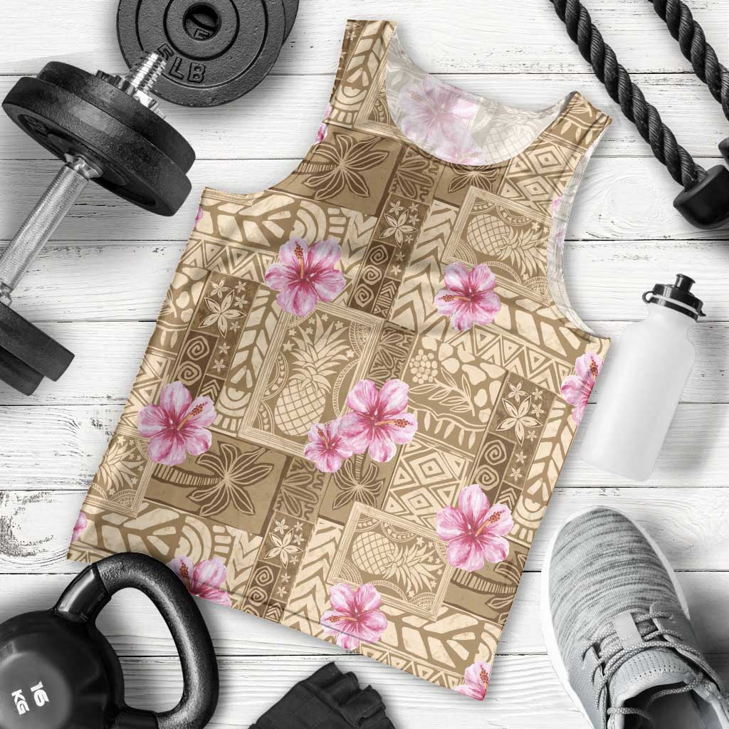 Beige Hawaii Hibiscus With Tropical Flowers Motifs Men Tank Top - Polynesian Pride