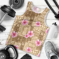 Beige Hawaii Hibiscus With Tropical Flowers Motifs Men Tank Top - Polynesian Pride