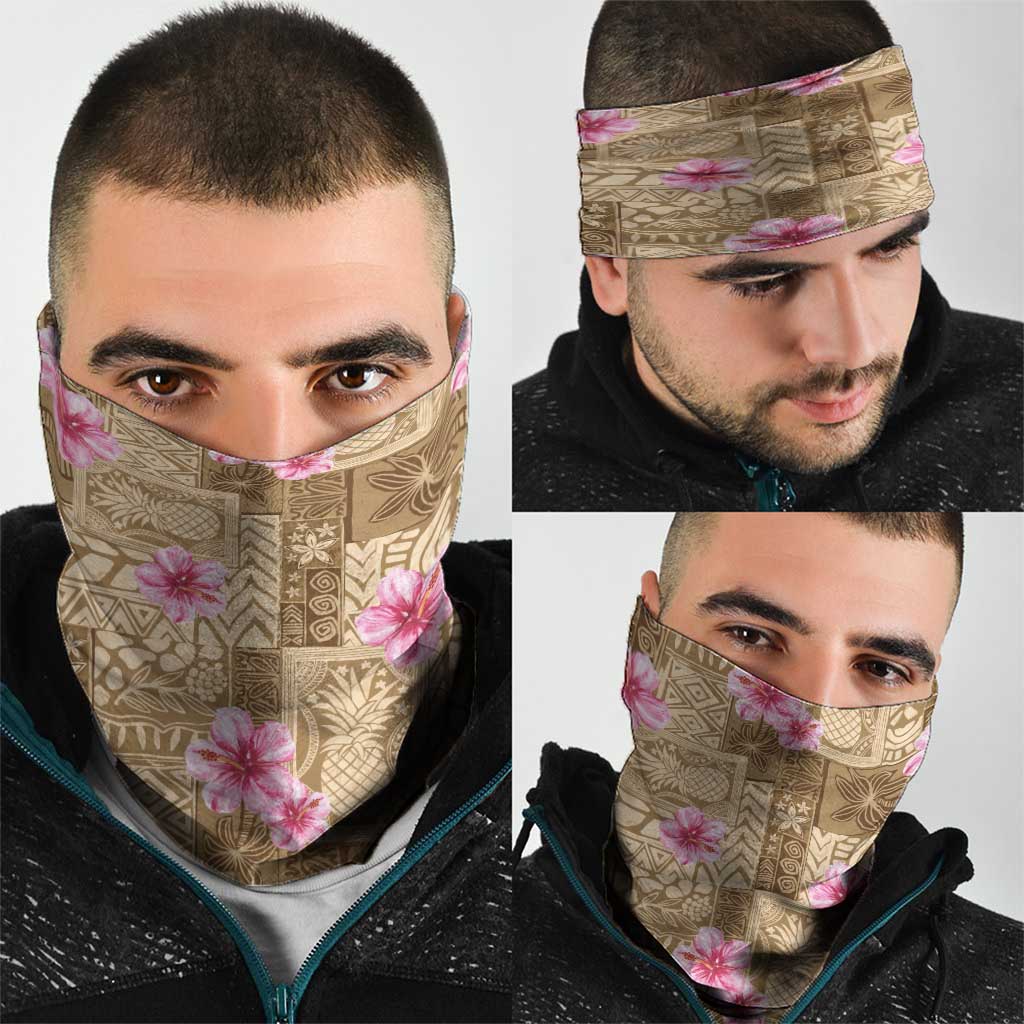 Beige Hawaii Hibiscus With Tropical Flowers Motifs Neck Gaiter - Polynesian Pride