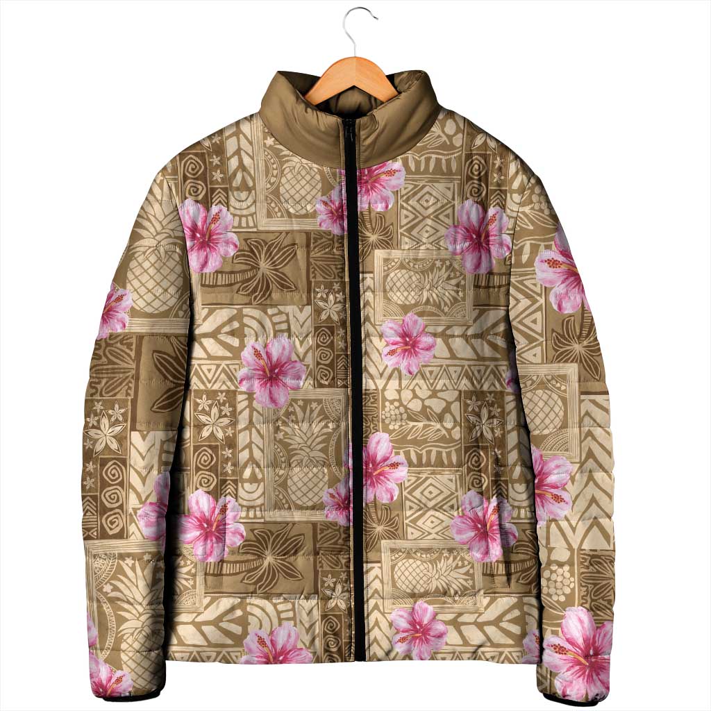 Beige Hawaii Hibiscus With Tropical Flowers Motifs Padded Jacket LT14 - Polynesian Pride