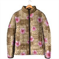 Beige Hawaii Hibiscus With Tropical Flowers Motifs Padded Jacket LT14 - Polynesian Pride