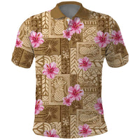 Beige Hawaii Hibiscus With Tropical Flowers Motifs Polo Shirt - Polynesian Pride