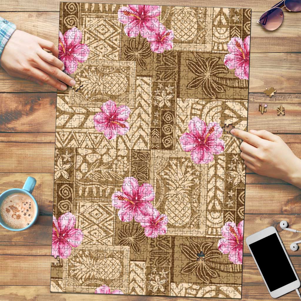 Beige Hawaii Hibiscus With Tropical Flowers Motifs Puzzle LT14 Beige - Polynesian Pride