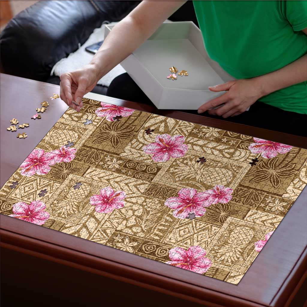 Beige Hawaii Hibiscus With Tropical Flowers Motifs Puzzle LT14 - Polynesian Pride