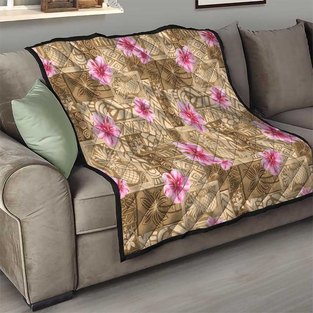 Beige Hawaii Hibiscus With Tropical Flowers Motifs Quilt - Polynesian Pride