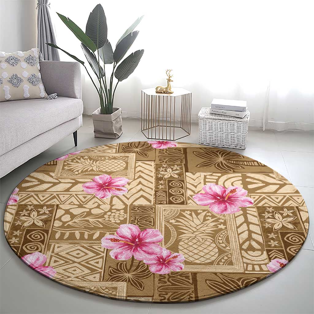 Beige Hawaii Hibiscus With Tropical Flowers Motifs Round Carpet - Polynesian Pride