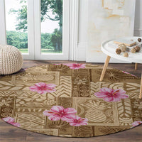 Beige Hawaii Hibiscus With Tropical Flowers Motifs Round Carpet - Polynesian Pride