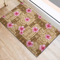 Beige Hawaii Hibiscus With Tropical Flowers Motifs Rubber Doormat - Polynesian Pride