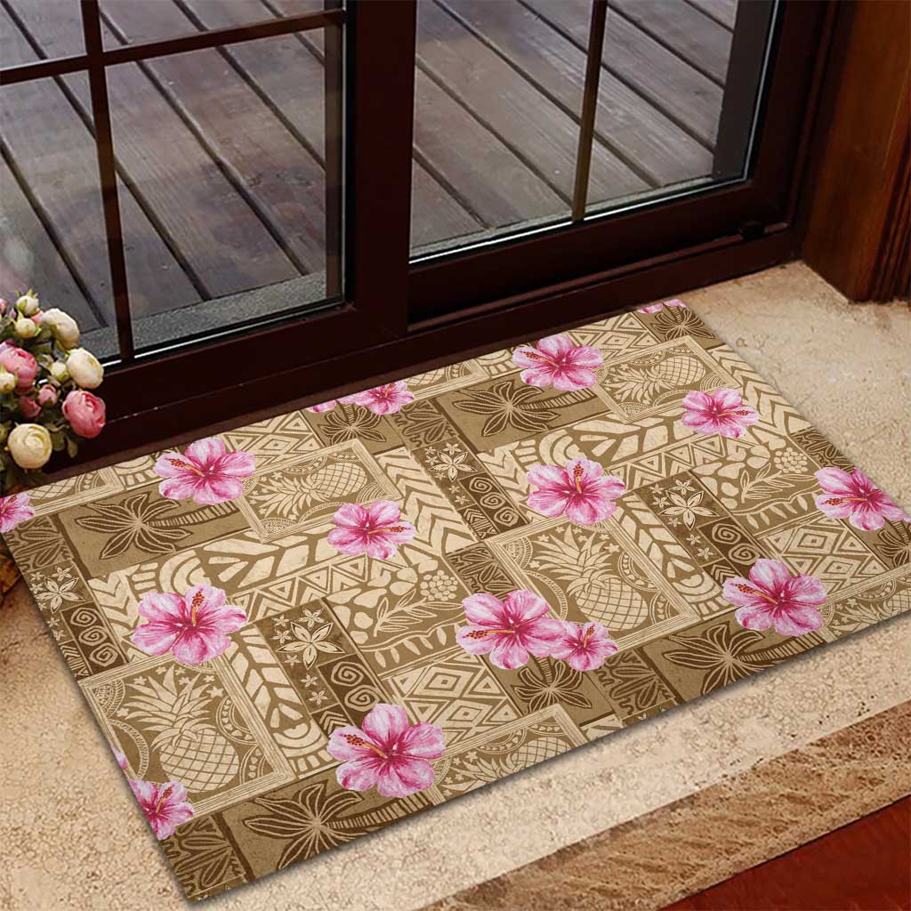 Beige Hawaii Hibiscus With Tropical Flowers Motifs Rubber Doormat - Polynesian Pride