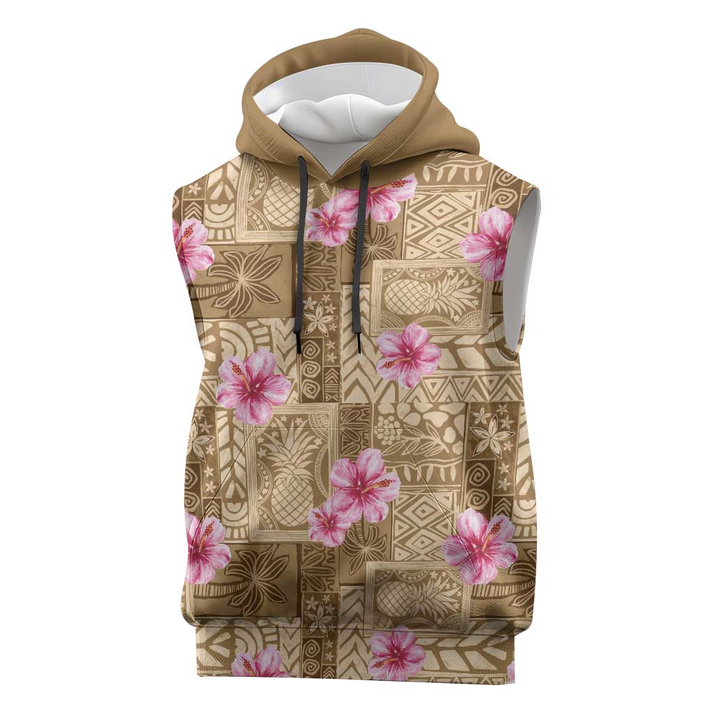 Beige Hawaii Hibiscus With Tropical Flowers Motifs Sleeveless Hoodie LT14 Beige - Polynesian Pride