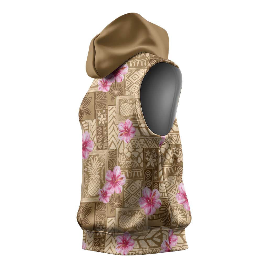 Beige Hawaii Hibiscus With Tropical Flowers Motifs Sleeveless Hoodie LT14 - Polynesian Pride