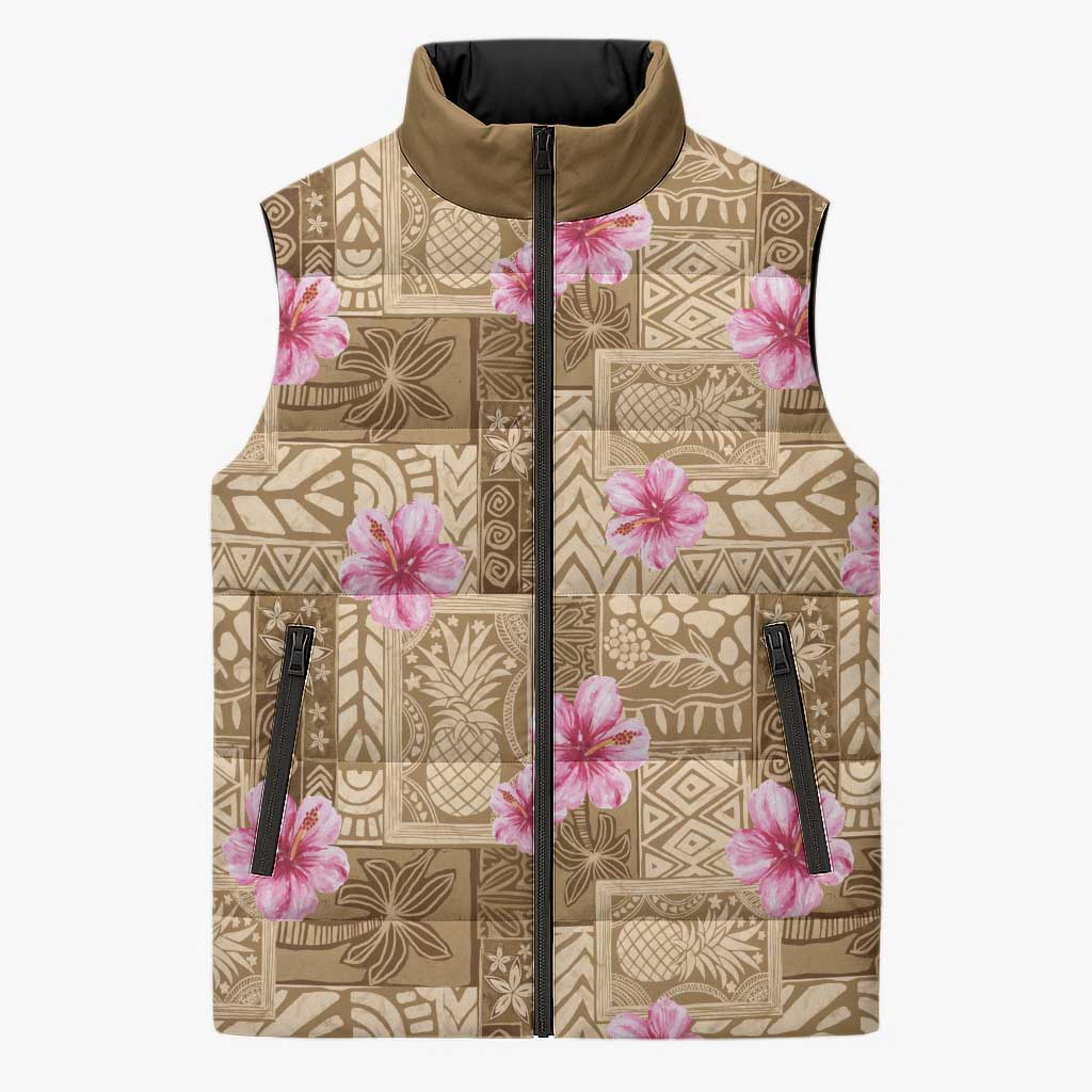 Beige Hawaii Hibiscus With Tropical Flowers Motifs Sleeveless Puffer Jacket LT14 Unisex Beige - Polynesian Pride