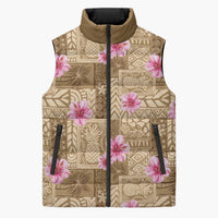 Beige Hawaii Hibiscus With Tropical Flowers Motifs Sleeveless Puffer Jacket LT14 Unisex Beige - Polynesian Pride