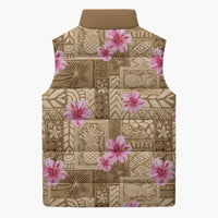 Beige Hawaii Hibiscus With Tropical Flowers Motifs Sleeveless Puffer Jacket LT14 - Polynesian Pride