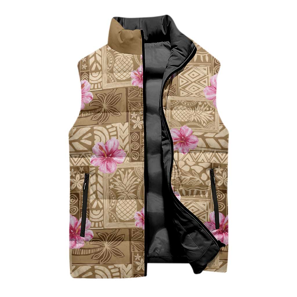 Beige Hawaii Hibiscus With Tropical Flowers Motifs Sleeveless Puffer Jacket LT14 - Polynesian Pride