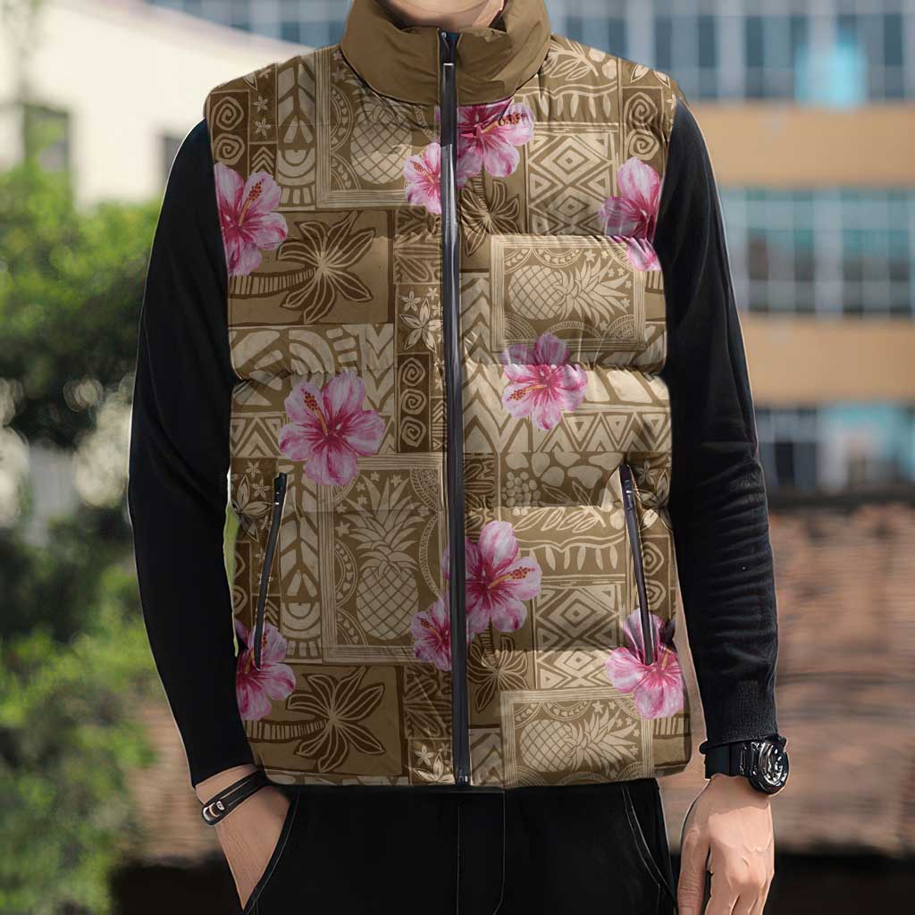 Beige Hawaii Hibiscus With Tropical Flowers Motifs Sleeveless Puffer Jacket LT14 - Polynesian Pride