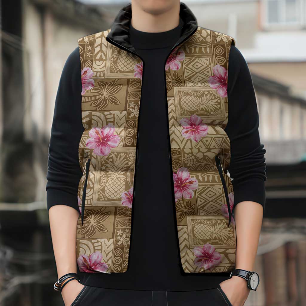 Beige Hawaii Hibiscus With Tropical Flowers Motifs Sleeveless Puffer Jacket LT14 - Polynesian Pride