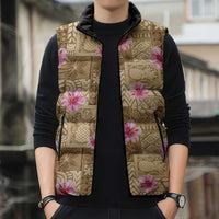 Beige Hawaii Hibiscus With Tropical Flowers Motifs Sleeveless Puffer Jacket LT14 - Polynesian Pride