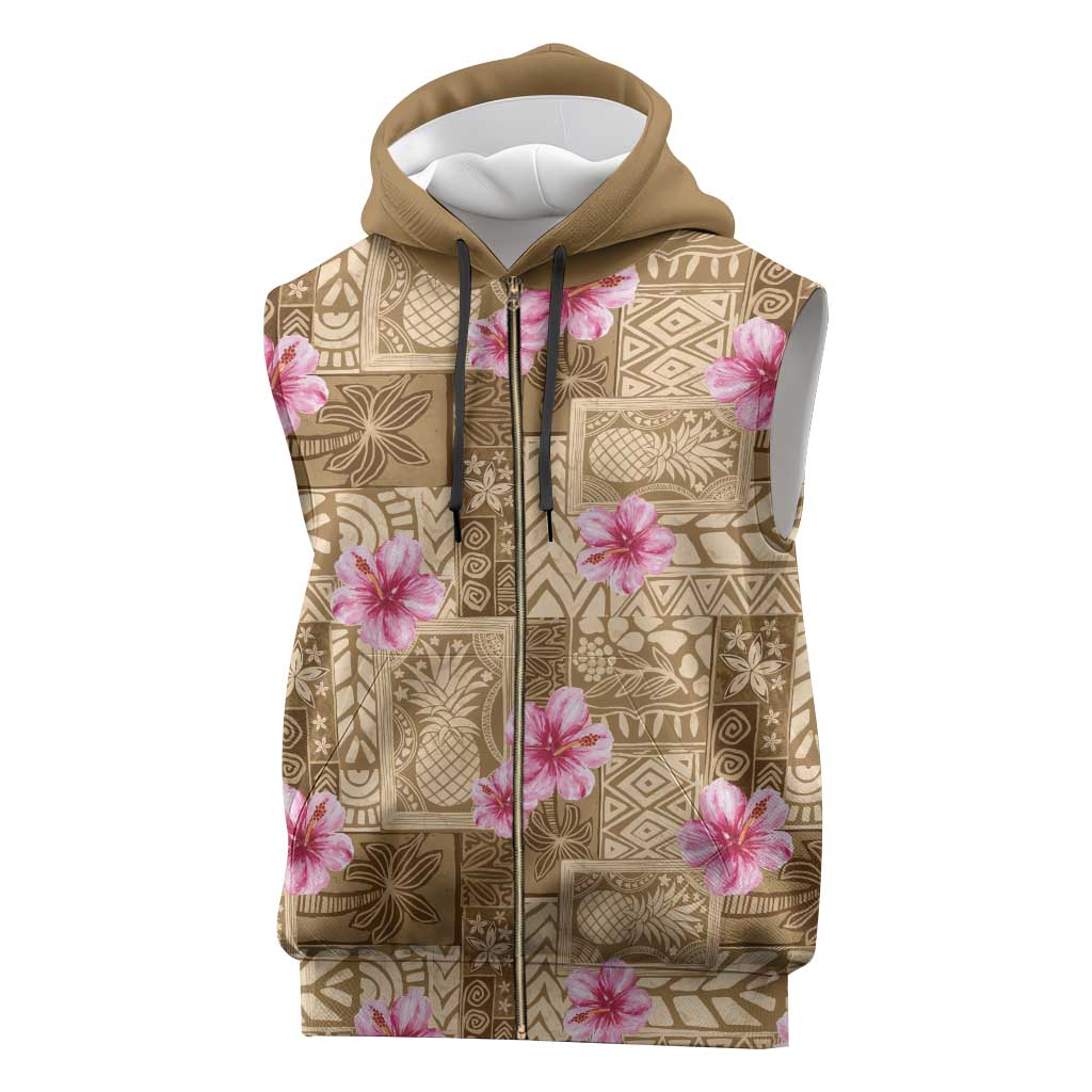 Beige Hawaii Hibiscus With Tropical Flowers Motifs Sleeveless Zip Hoodie - Polynesian Pride