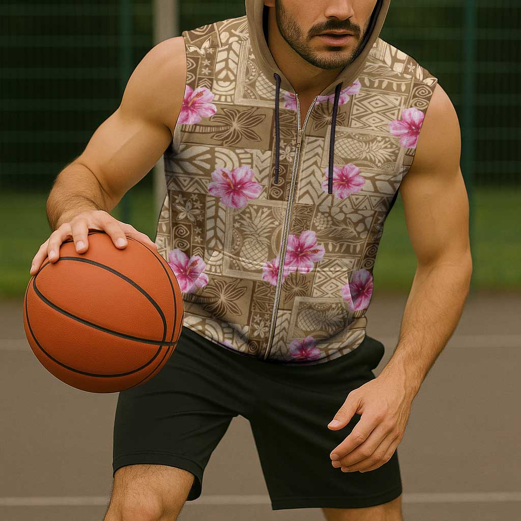 Beige Hawaii Hibiscus With Tropical Flowers Motifs Sleeveless Zip Hoodie - Polynesian Pride
