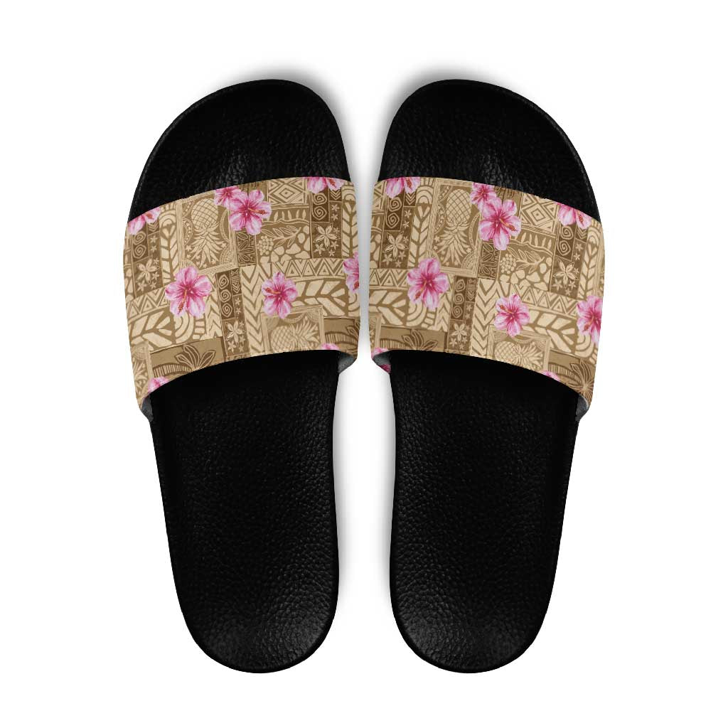 Beige Hawaii Hibiscus With Tropical Flowers Motifs Slide Sandals LT14 Beige - Polynesian Pride