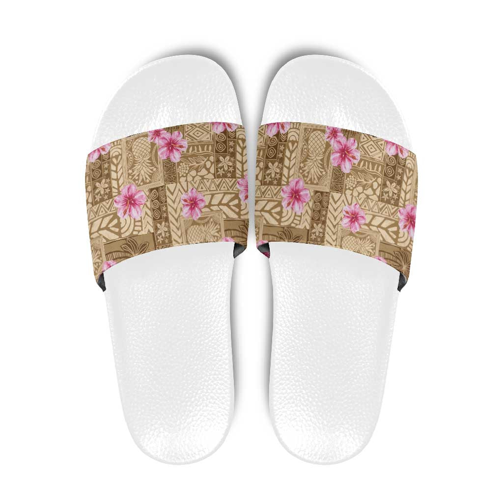 Beige Hawaii Hibiscus With Tropical Flowers Motifs Slide Sandals LT14 Beige - Polynesian Pride