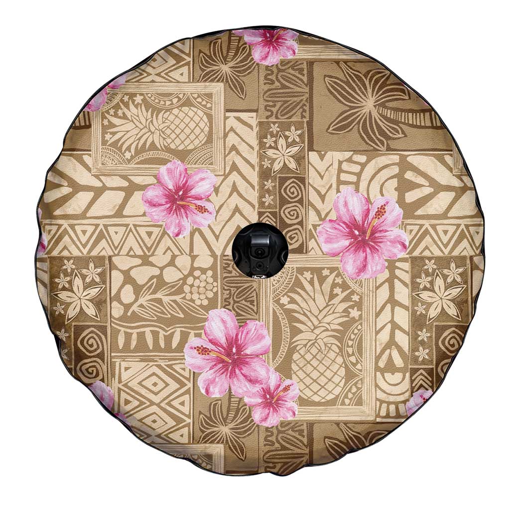 Beige Hawaii Hibiscus With Tropical Flowers Motifs Spare Tire Cover - Polynesian Pride