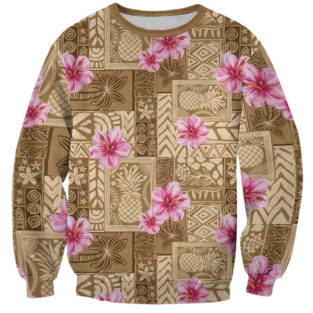 Beige Hawaii Hibiscus With Tropical Flowers Motifs Sweatshirt - Polynesian Pride