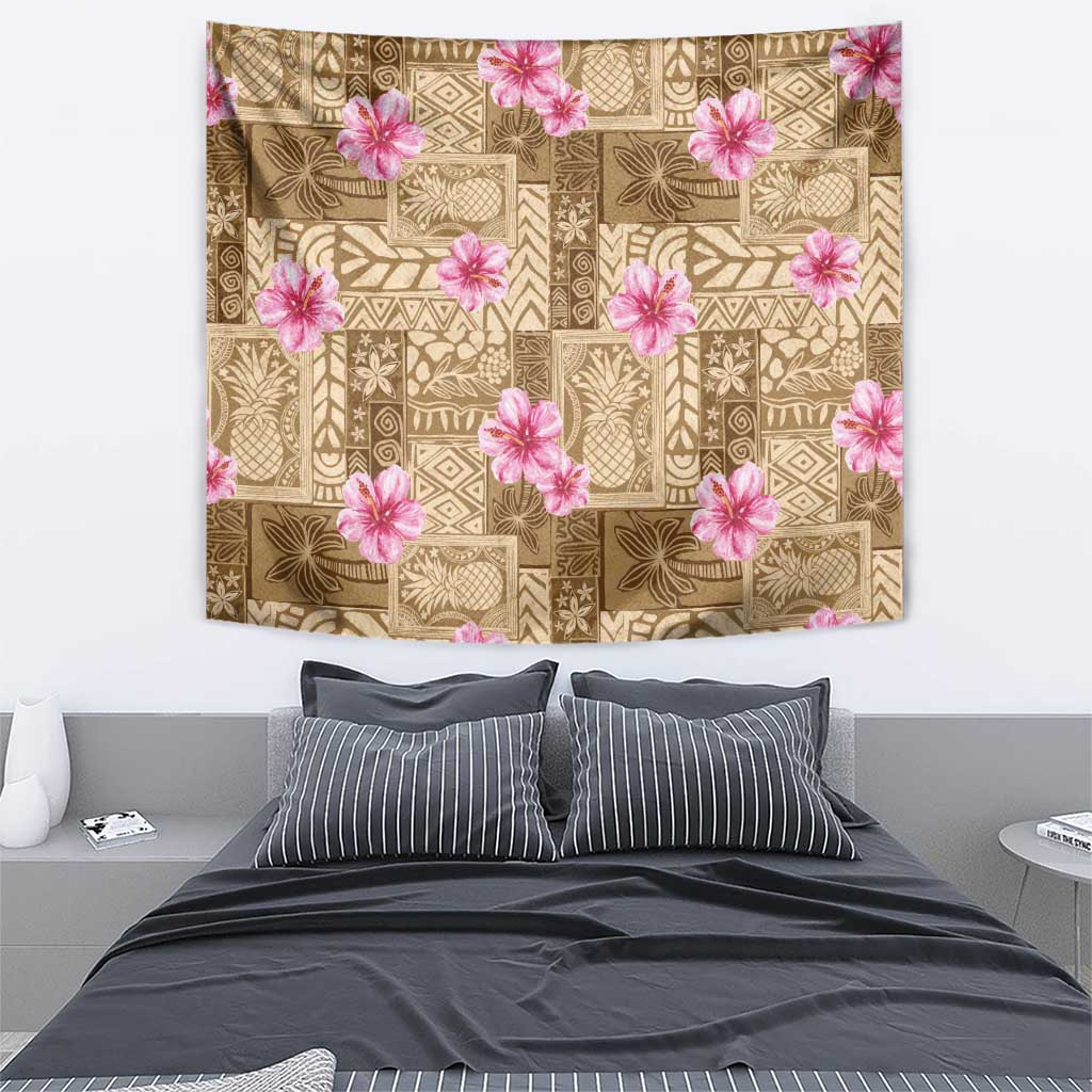 Beige Hawaii Hibiscus With Tropical Flowers Motifs Tapestry - Polynesian Pride