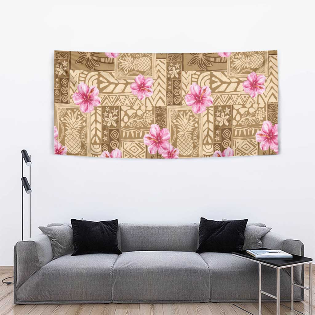 Beige Hawaii Hibiscus With Tropical Flowers Motifs Tapestry - Polynesian Pride