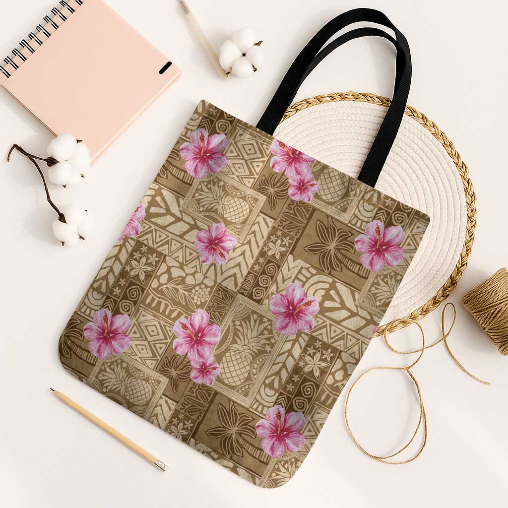 Beige Hawaii Hibiscus With Tropical Flowers Motifs Tote Bag - Polynesian Pride
