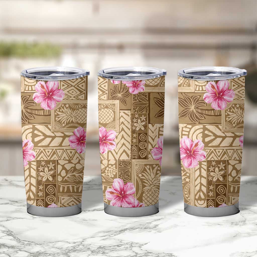 Beige Hawaii Hibiscus With Tropical Flowers Motifs Tumbler Cup - Polynesian Pride