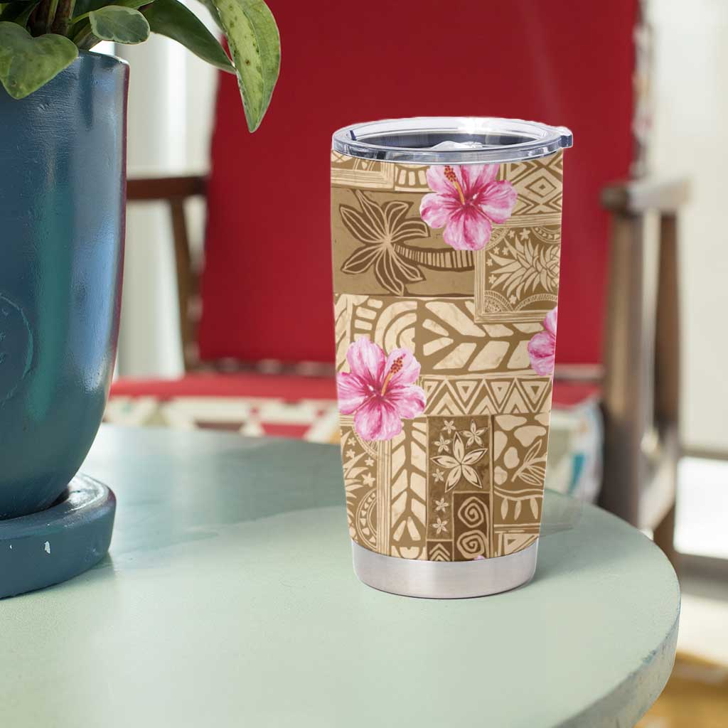 Beige Hawaii Hibiscus With Tropical Flowers Motifs Tumbler Cup - Polynesian Pride