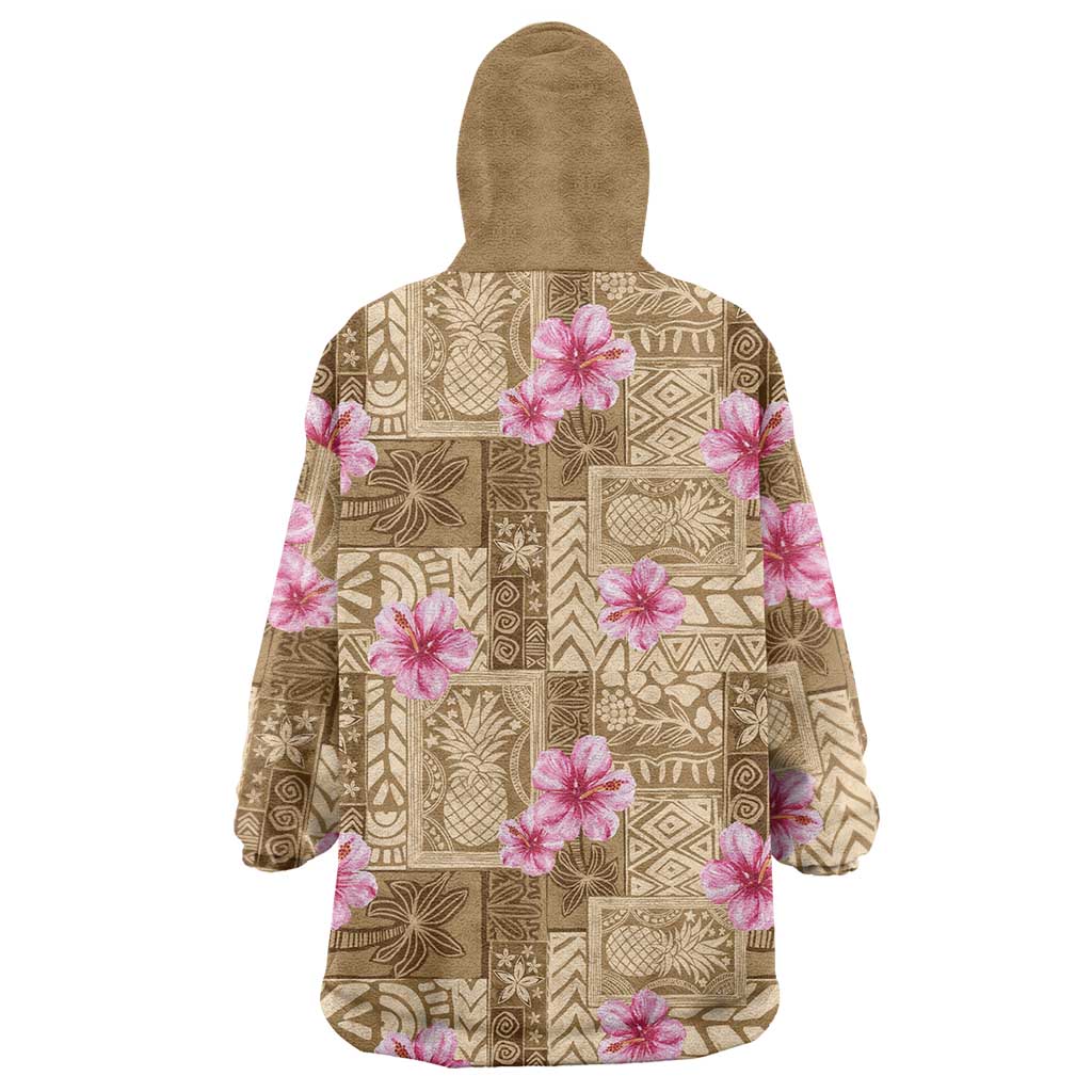 Beige Hawaii Hibiscus With Tropical Flowers Motifs Wearable Blanket Hoodie - Polynesian Pride