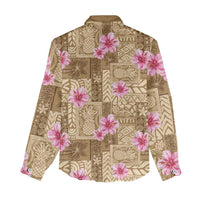 Beige Hawaii Hibiscus With Tropical Flowers Motifs Women Casual Shirt - Polynesian Pride