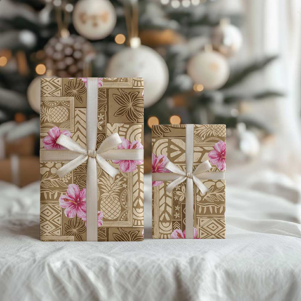 Beige Hawaii Hibiscus With Tropical Flowers Motifs Wrapping Paper - Polynesian Pride