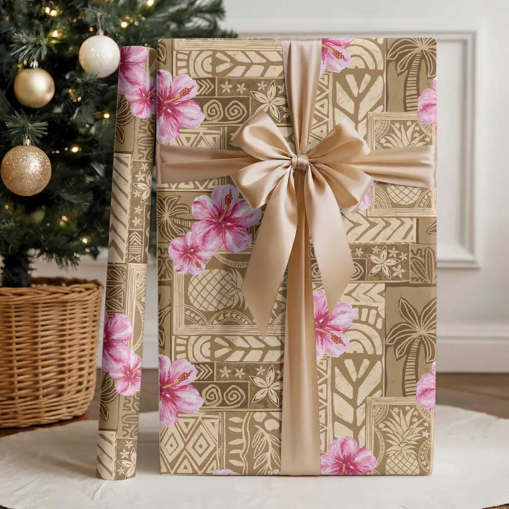 Beige Hawaii Hibiscus With Tropical Flowers Motifs Wrapping Paper - Polynesian Pride